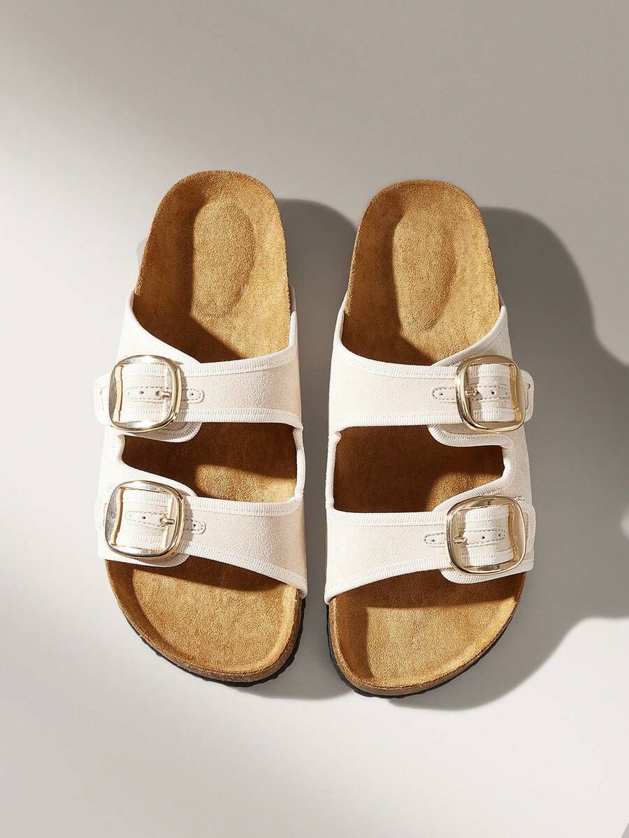 Solecia Women's Casual Buckle Design Flat Slide Sandals - Off-white - View 1