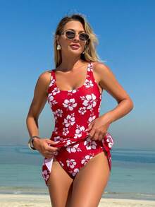 Swim Lushoire Áo tắm liền thân nữ in hoa, kiểu dáng thắt eo, thích hợp cho kỳ nghỉ. - Nhiều màu - Xem 3