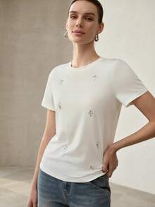 MOTF PREMIUM WOMEN'S RHINESTONE EMBELLISHED ROUND NECK SHORT SLEEVE T-SHIRT - White - View 4