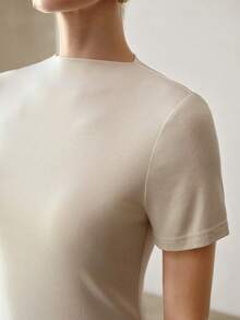 MOTF PREMIUM WOMEN'S FASHIONABLE VERSATILE FITTED RIBBED KNIT SLIM FIT THIN TEE FOR SPRING SUMMER - Apricot - View 2