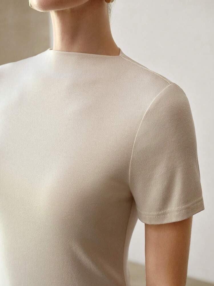 WOMEN'S FASHIONABLE VERSATILE FITTED RIBBED KNIT SLIM FIT THIN TEE FOR SPRING SUMMER