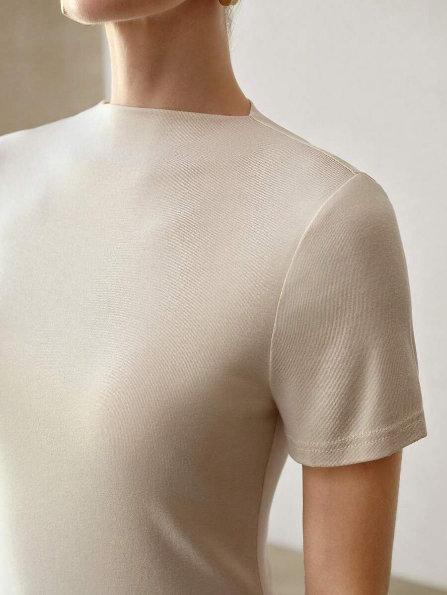 MOTF PREMIUM WOMEN'S FASHIONABLE VERSATILE FITTED RIBBED KNIT SLIM FIT THIN TEE FOR SPRING SUMMER - Apricot - View 2