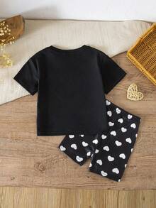 SHEIN LMoss Kids 2-Piece Cute Baby Girl Casual Black T-Shirt And Heart All-Over Print Shorts Set,Summer Family Matching Outfit,Knitted Stretch Princess Clothes - Black - View 4
