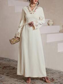 Al Najma Đầm Ả Rập màu mơ, cổ chữ V, viền bèo nhún, thắt eo, dáng xòe thanh lịch dành cho nữ. - Màu be - Xem 4