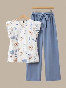 Franclia Women's Casual Floral Print Cap Sleeve Round Neck Blouse And Pink Straight Leg Pants 2-Piece Set, Spring/Summer - Multicolor - View 1