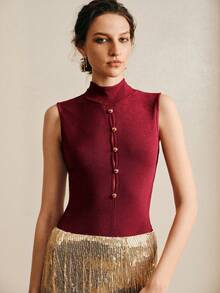 Arave Women's Knit Fabric Round Neck Sleeveless Hollow Out Single-Breasted Casual/Party Sexy Romantic Blouse, Red - Red - View 5