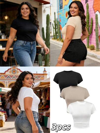 Set de 3 camisetas de manga corta casuales y versátiles de estilo minimalista para mujer, perfecto para el verano