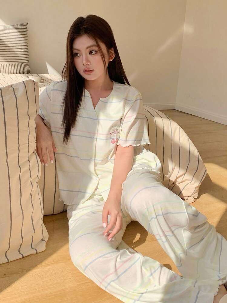 Dazy Plus 2pcs Plus Size Women Bow & Striped Print Loose Fit Sleepwear Set, Long Sleeve Top And Pants, Spring/Autumn