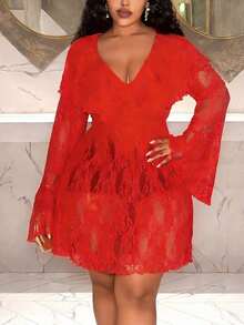 Slaydiva 秋冬新款优雅派对性感聚会生日派对约会朋友聚会毕业季婚礼季情人节性感修身纯红色连衣裙，荷叶边领口，深V领，长喇叭袖，A字裙摆，薄纱蕾丝面料，大码迷你连衣裙 - B - 紅色 - 查看 5