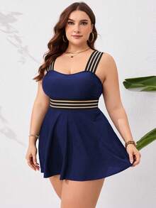 Swim Lushoire Plus Size Vacation Beach Tankini Swimwear Set - Navy Blue - View 3