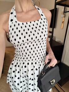 Pariaura Women's Polka Dot Halter Tie Ruched Waist Elegant Short Cocktail Party Dress - Black and White - View 3