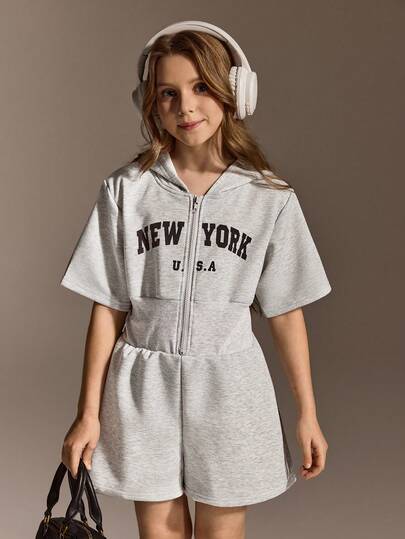 SHEIN 少女休闲街头连帽衫，字母印花，拉链腰部短袖短裤宽松连体裤