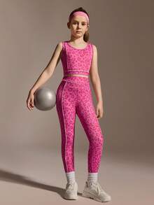 SHEIN Tween Girls Leopard Print Set, Fuchsia Fashionable Sportswear Set, Tank Top & Leggings Sets, Suitable For Casual, Yoga, Sports And More Occasions - Hot Pink - View 1