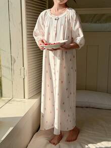 Dazy Kids Tween Girl Floral Print Casual Round Neck Dress Loungewear - Apricot - View 5