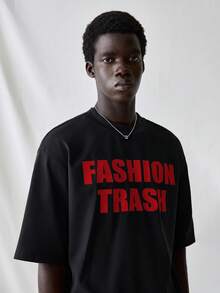 SWAVVY 男士针织休闲日常宽松短袖T恤，英文图案印花；男士短款印花衬衫；男士超大印花T恤；男士超大印花T恤；男士标语印花落肩T恤；男士短款T恤；男士超大短款印花T恤；男士短款印花衬衫 - 黑色 - 查看 3