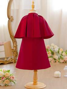 SHEIN Váy chữ A ngắn cổ đứng thanh lịch bằng satin cho bé gái, áo choàng đính hạt cườm. - Đỏ - Xem 5