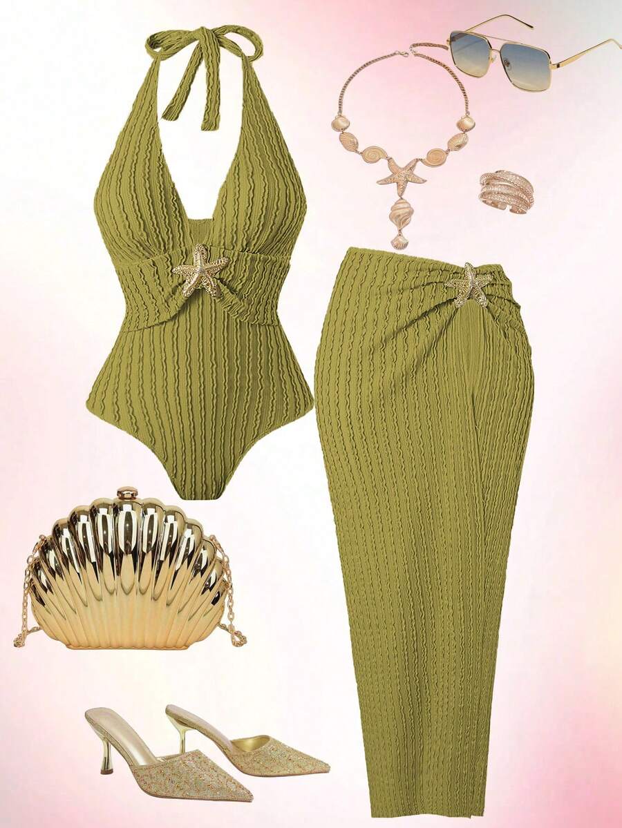 Swim Oasis Plus Size Women Simple Daily Summer One Piece Swimsuit With Skirt Cover Up - Green - View 1
