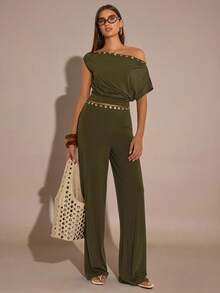 SHEIN BAE Women's Army Green Everyday Casual Comfort Knitted Button-Decorated Straight Leg Pants. Suitable For Casual Wear, Commuting, Beachwear, Vacations, Summer, Spring Break, And More, Going Out, Beach For Women - Army Green - View 8