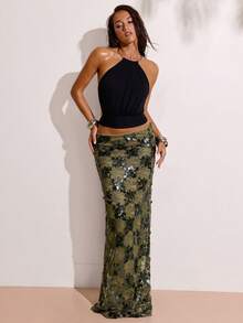 SHEIN BAE 女士春夏沙滩度假蕾丝串珠优雅长裙，奢华优雅度假裙，橄榄绿串珠裙，适合度假、休闲、派对、朋友聚会、生日派对、音乐节等场合。 - 綠色 - 查看 5