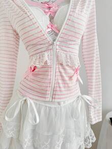 Elamini 女士粉色条纹针织天丝面料撞色白色蕾丝边粉色蝴蝶结装饰口袋开襟卫衣，春夏海滩度假休闲外向甜美可爱返校毕业典礼日常百搭 - 粉色 - 查看 6