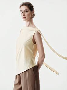 Selianne Women's Fashion Sleeveless Asymmetric Draped Side Shoulder Ribbon Thick Strap Deep V Design Vintage Elegant Casual Commute Tank Top, Spring/Summer - Apricot - View 3