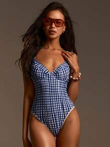 Athîral Women's Plaid Fashionable Spaghetti Strap One-Piece Swimsuit - Blue - View 6