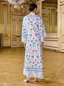 LOTSLUV Robe longue ample à imprimé, col montant, manches évasées, pour vacances, élégante - Multicolore - Voir 2