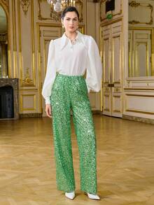 LOTSLUV Calça Reta de Perna Reta com Cordão em Tecido Semirriscado com Lantejoulas Rosa para Mulheres - Verde - Visão 4