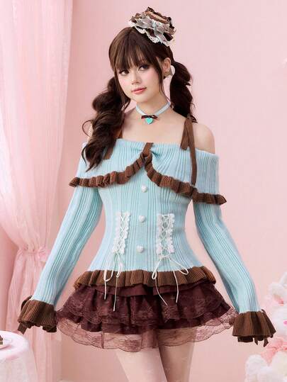 ROMWE Suéter ajustado de mujer con un hombro, encaje, parches y lazo en contraste de color, estilo Kawaii y lindo