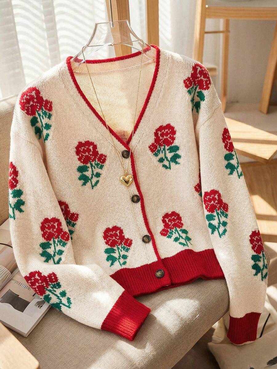 Écloséra 早春新款浪漫情人节复古撞色玫瑰提花V领长袖宽松女式开衫毛衣 - 彩色 - 查看 1