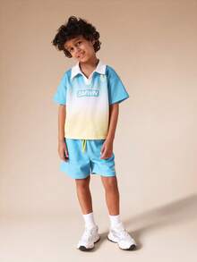 SUMWON Kids Ombre Gradient Polo Shirt And Shorts Casual Set With Logo Print Summer Vacation Outfit - Green - View 1