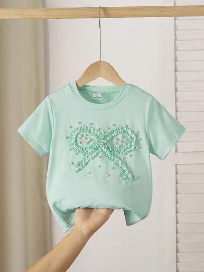 Genkimix Kids Young Girl' Cute & Elegant Bow Decor 3D Beaded Casual T-Shirt
