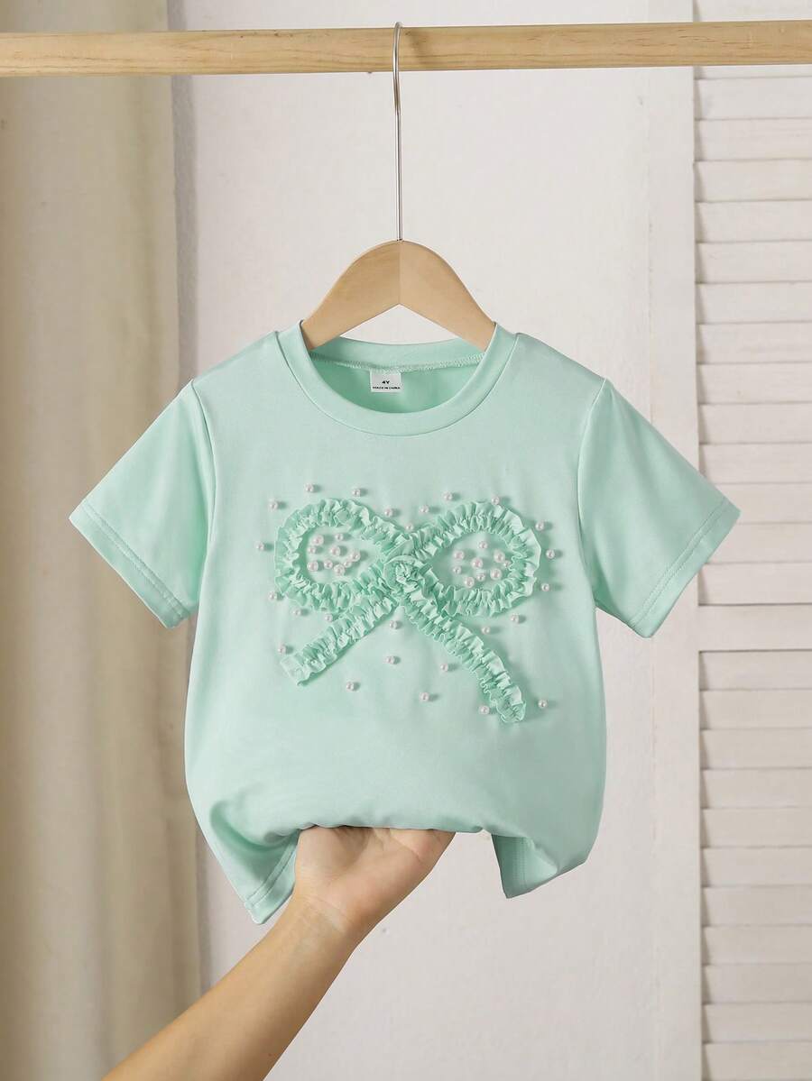 Genkimix Kids 少女可爱优雅蝴蝶结装饰3D串珠休闲T恤 - 薄荷綠 - 查看 1