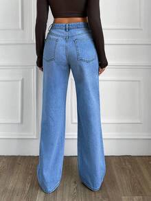EURMUSE High Waisted Straight Leg Jeans - Light Wash - View 2