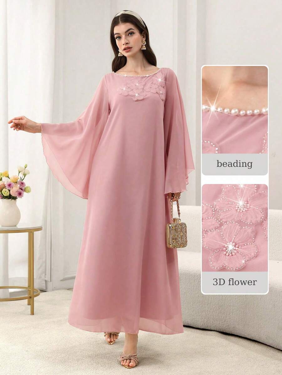Yasmyna 女士春夏粉色雪纺长袖花卉刺绣优雅土耳其和阿拉伯传统长裙 - 粉色 - 查看 1