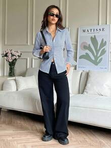 SHEIN EZwear Áo sơ mi nữ tay dài cài cúc phía trước, thắt eo, kiểu dáng thanh lịch, cổ điển, đa năng, màu xanh dương và trắng ấm áp, phù hợp cho mùa xuân/hè. - Nhiều màu - Xem 6