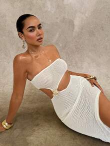 Breezaya 女士针织半透明不对称海星开衩连衣裙，米色 - 米色 - 查看 6