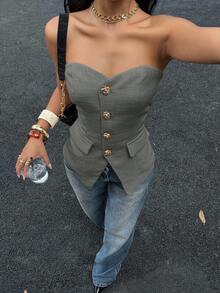 Siren Gaze Women's Autumn/Winter New Thick Tweed Tube Top - Grey - View 6
