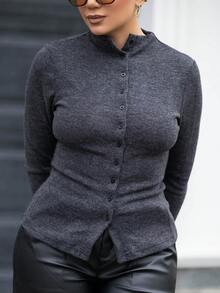 Melissa Matos 女式纯色前扣长袖衬衫，休闲日常穿着 - 黑色 - 查看 6