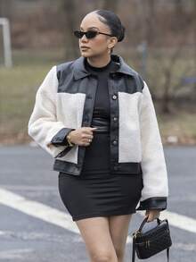 Melissa Matos 女式秋冬拼布羊羔绒休闲单排扣夹克 - 米色 - 查看 3