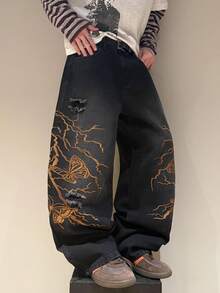 STEELVANCE Jeans rectos casuales y sueltos con diseño desgarrado y bordado de mariposa y vid, de estilo callejero y versátil - Negro - Ver 6