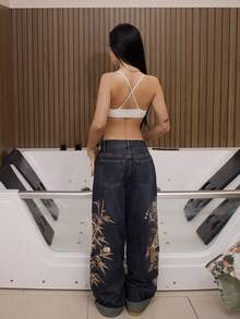 Vintage Street Chic Chinese Style Tiger & Floral Embroidered Loose Wide Leg Low Waist Jeans, Unisex - Blue - View 2