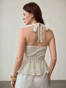MOTF PREMIUM LACE TWIST FRONT CONTRAST SEQUIN SHELL DETAIL PEPLUM HEM TIE BACKLESS HALTER TOP - Apricot - View 4