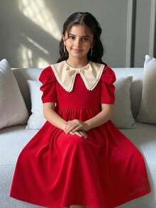 SHEIN 少女優雅拼色彼得潘領珍珠裝飾洋裝 - 粉色 - 查看 3