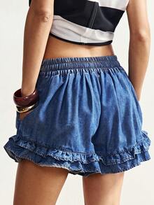 Bohemela Quần short denim xếp ly hai lớp viền cánh kiểu tulip dành cho nữ, thích hợp cho ngày Valentine, kỳ nghỉ hè, mùa hè, mùa xuân. - Rửa trung bình - Xem 7