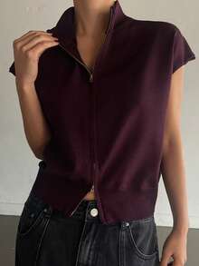 Livesso Women's Spring/Summer Red Knit Sleeveless Cardigan, Loose Business Casual Fashion Office Wear Design Vest - Burgundy - View 5