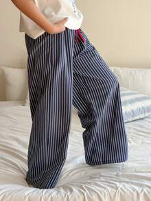 DAZY Tween Boy Drawstring Waist Striped Wide Leg Loose Pajama Pants - Navy Blue - View 2