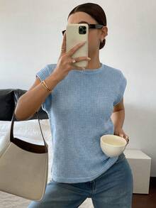 Siren Gaze 纯色圆领短袖华夫格休闲舒适T恤，夏季 - 藍色 - 查看 7