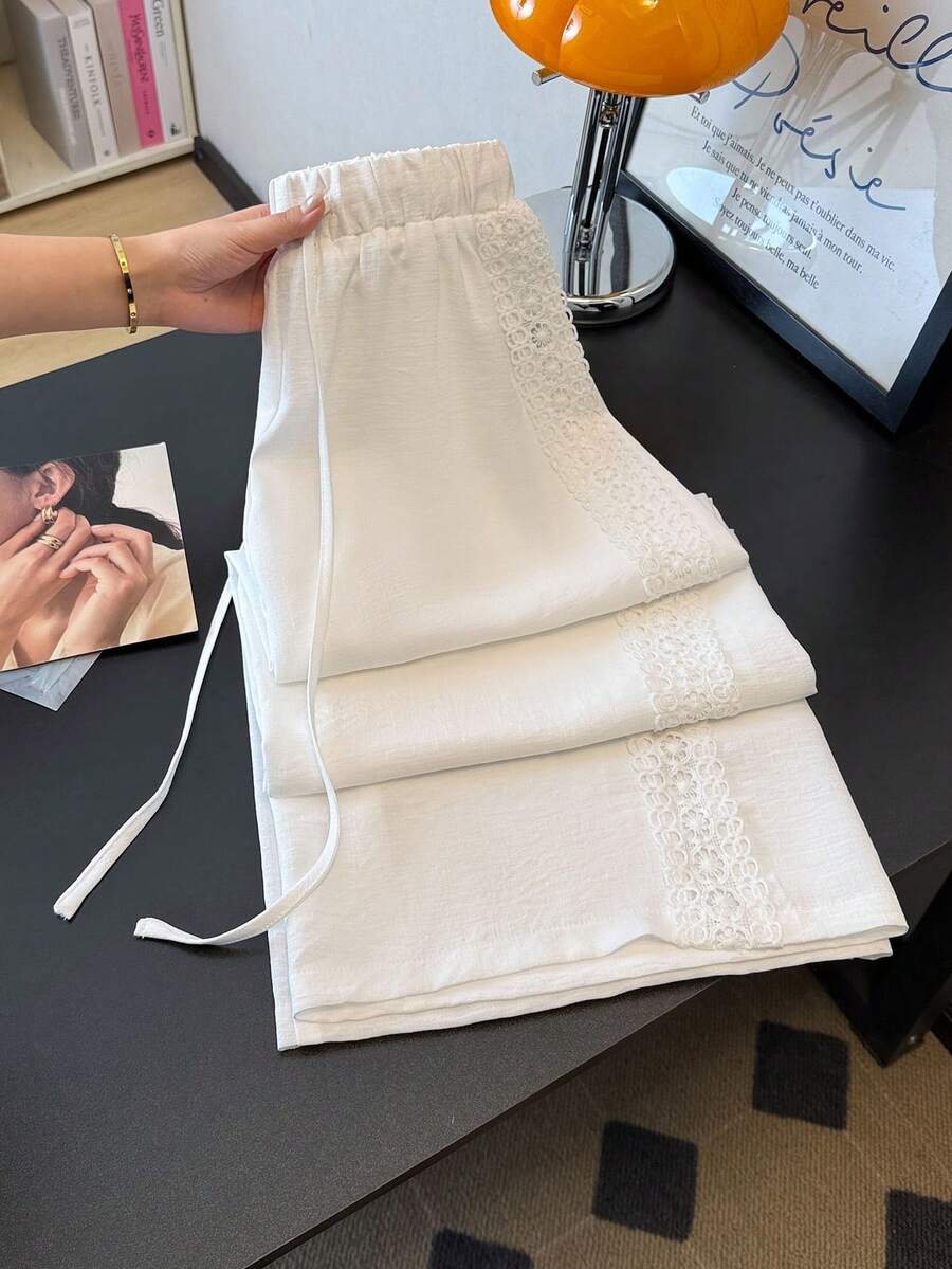 Franclia Romantic Vacation Outdoor Daily Wear Versatile Casual Elegant Classic Fashionable Casual Vacation Style Fashionable Charming Urban Business Office Commute Valentine's Day Date Party Beach Loose Tie Waist Ruffle Splice Women Long Pants - White - View 1