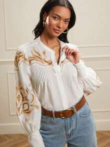 Lilora 女士圆领插肩长袖褶裥宽松前襟纽扣衬衫 - 杏色 - 查看 1